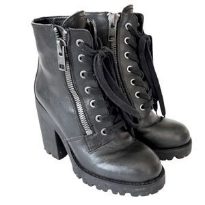 ASH Poker Leather Black Zip and Lace Up Boots withChunky Heel Women’s Size 36